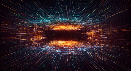 Immersive digital data stream, glowing lines of code and information flow through a futuristic network creating a vibrant abstract concept for technology