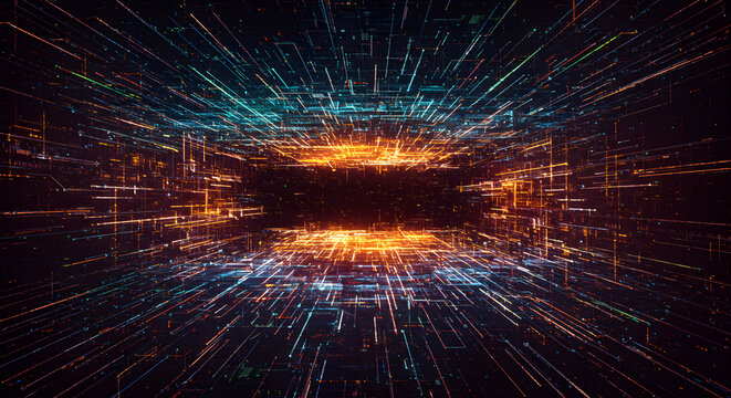 Immersive digital data stream, glowing lines of code and information flow through a futuristic network creating a vibrant abstract concept for technology
