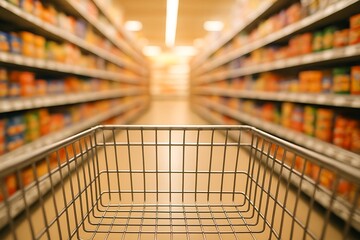 A shoppers perspective in a grocery aisle, showcasing rows of colorful canned goods with a blurred background and a clear view of the shopping cart.