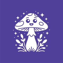 A charming, stylized illustration of a happy, smiling mushroom with a whimsical, starry background and surrounding foliage.