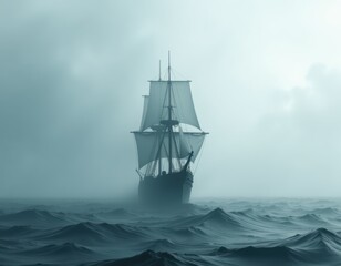Mysterious Tall Ship Sailing on Foggy Ocean