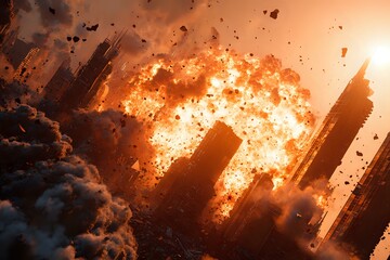 Futuristic City Inferno: Cataclysmic Fiery Explosion