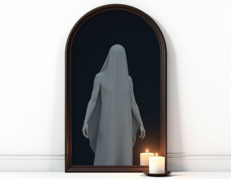 Mysterious Ghostly Figure Reflected in Arched Mirror with Lit Candles