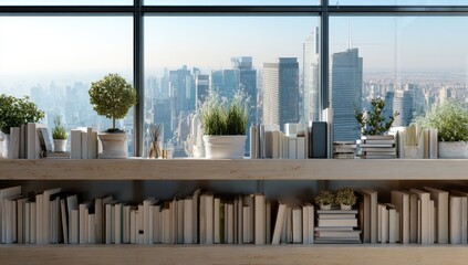 Fototapeta premium Modern urban bookshelf with city view