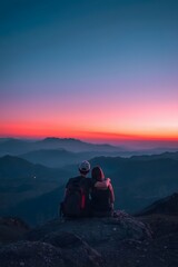 Fototapeta premium Romantic couple sitting on mountain cliff at sunset embracing while watching colorful sky and panoramic landscape, symbolizing love, adventure, travel, nature connection, and peaceful moment together