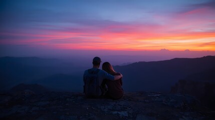Obraz premium Romantic couple sitting on mountain cliff at sunset embracing while watching colorful sky and panoramic landscape, symbolizing love, adventure, travel, nature connection, and peaceful moment together