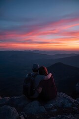Fototapeta premium Romantic couple sitting on mountain cliff at sunset embracing while watching colorful sky and panoramic landscape, symbolizing love, adventure, travel, nature connection, and peaceful moment together