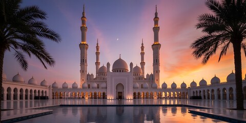Sheikh Zayed Mosque in Abu Dhabi A Majestic Architectural Wonder at Sunset with a Tranquil Reflection Pool