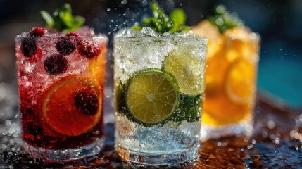 Refreshing summer beverages with fruit and bubbles