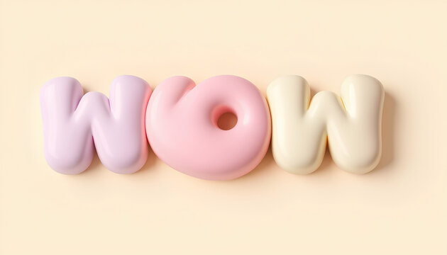 Playful 3D text ‘WOW’ made of squishy bubble letters, pastel gradient fill, smooth high-gloss material, floating above a light cream 2