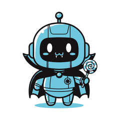 Cute vampire robot holding lollipop, Halloween fun vector illustration