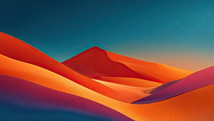 Stylized abstract landscape of vibrant orange, red, and purple sand dunes under a deep teal sky