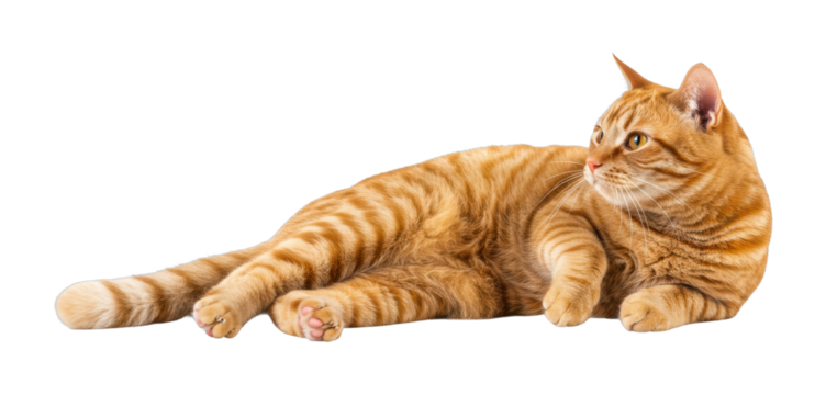 Relaxing ginger cat posing in studio animal calm environment perspective isolated on transparent background