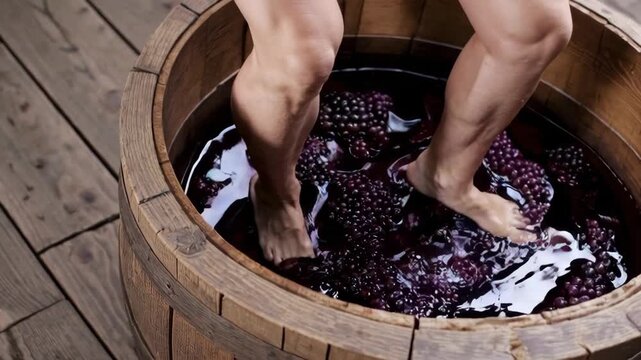 Experience of Grape Stomping in a Wooden Barrel as Bare Feet Crush Purple Grapes to Produce Juice, Offering a Unique Look at Traditional Winemaking