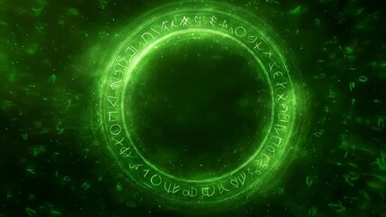 Glowing Green Magic Circle with Ancient Runes Swirling in a Cosmic Energy Field - Powered by Adobe