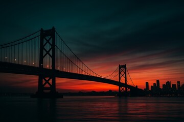dusk over suspension bridge with city skyline silhouette