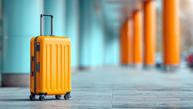 A vibrant yellow hard-shell suitcase stands on a paved surface, before a blurred backdrop of teal and orange columns, suggesting a travel terminal or airport