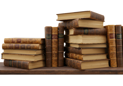 Classic leather-bound books stacked on a wooden shelf detailed warm lighting cozy environment isolated on transparent background