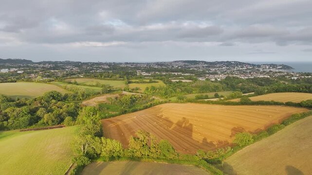 Colors of Fields and Farms over Torquay from a drone, Torbay, Devon, England, Europe	