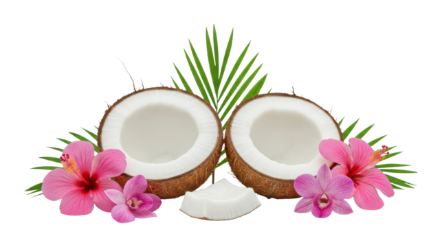 Tropical coconut splits with hibiscus flowers exotic setting food nature vibes isolated on transparent background