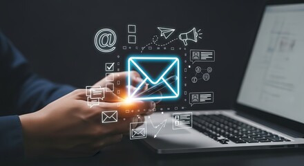 Close up of businessman using mobile with email marketing campaign concept