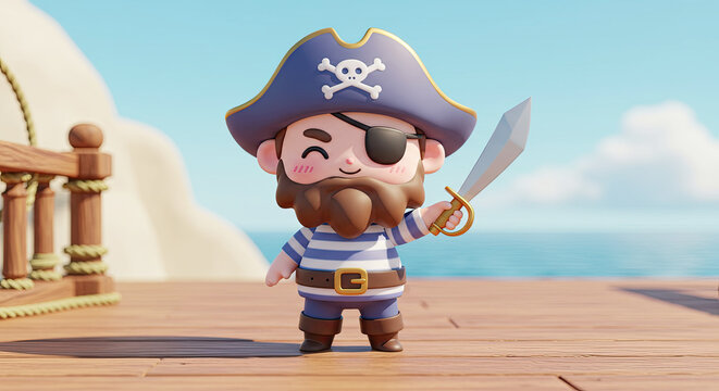 Pirate Boy holding a tiny sword and smiling. International Talk Like a Pirate Day