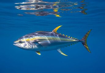 Fototapeta premium A yellowfin tuna swimming in blue water