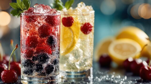 Refreshing summer fruit beverages in frosted glasses
