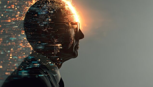 A profile of a man's head, superimposed with a glowing world map and data streams, suggesting global connectivity and intellectual brilliance