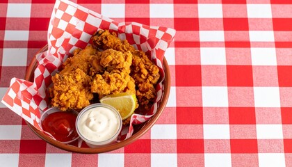 A delicious basket of golden crispy fried chicken with dipping sauces served on a red and white checkered tablecloth.