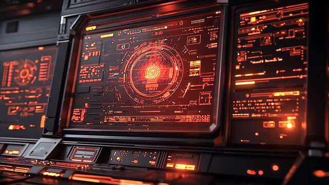 High tech spaceship control panel with glowing red screens dark cockpit illuminated buttons futuristic interface for advanced technology space exploration science fiction innovation concept - Powered by Adobe