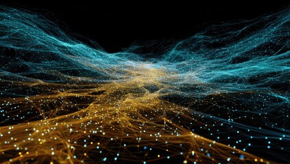 Abstract digital landscape of swirling lines and particles