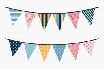 Colorful triangular pennant banners with various patterns on strings hanging down