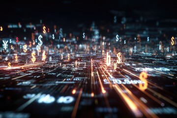 Abstract digital cityscape of financial symbols