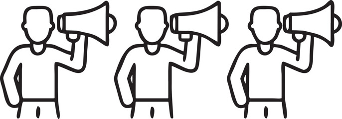 Three figures holding megaphones announcing information in a line announcement communication