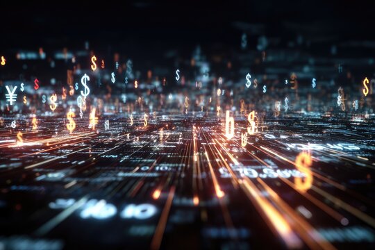 Abstract digital cityscape of financial symbols - Powered by Adobe