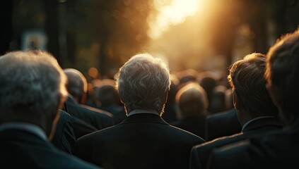 Backs of a crowd of people, mostly men in suits, viewed from behind, silhouetted against a bright sunset