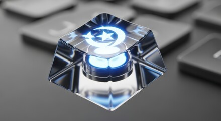 A clear keyboard keycap with a crescent moon and stars design on a gray keyboard in soft focus view