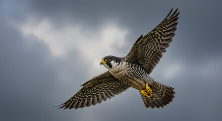 A peregrine falcon soars gracefully through a dramatic, cloudy sky with its wings spread wide.