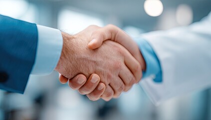 A close-up shot of a businessman and doctor shaking hands, symbolizing collaboration, partnership, and trust within a healthcare setting.  The background is blurred, focusing on the handshake