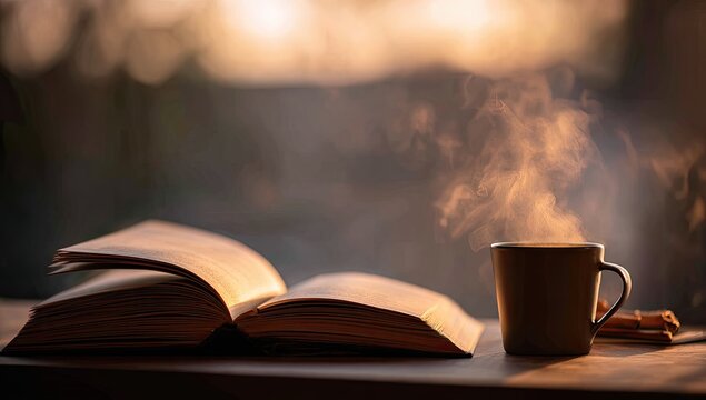 A steaming mug rests beside an open book on a wooden surface, bathed in warm, golden light from a sunlit window.  The scene evokes feelings of comfort and tranquility