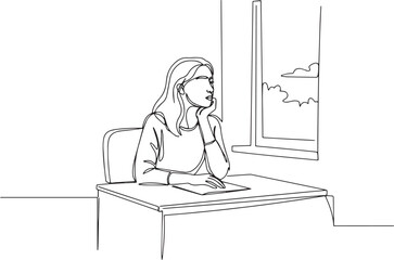 Continuous line drawing of woman thinking looking out window at