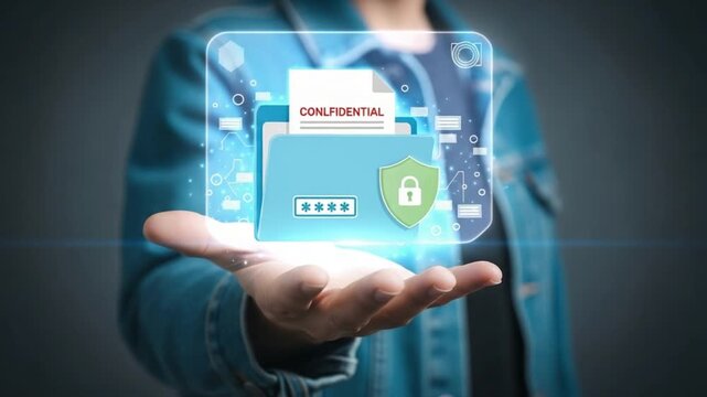 A person holding a confidential file folder with a padlock and password protection in their hand