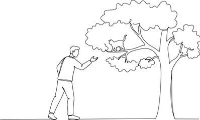 Minimalist line drawing of a man coaxing a cat down from a tree