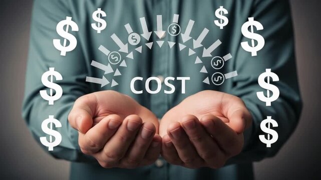 Cost reduction concept with hands holding the word cost and arrows pointing downwards with dollar signs