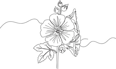 Elegant hollyhock blossom one line drawing on white background a