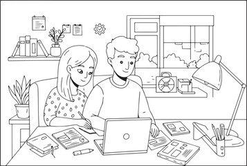 Couple collaborating on a project at home, working together usin