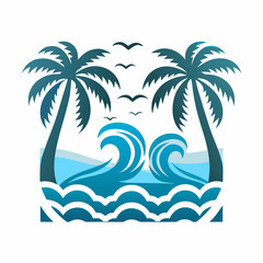 A serene tropical ocean scene with palm trees and birds flying overhead freely