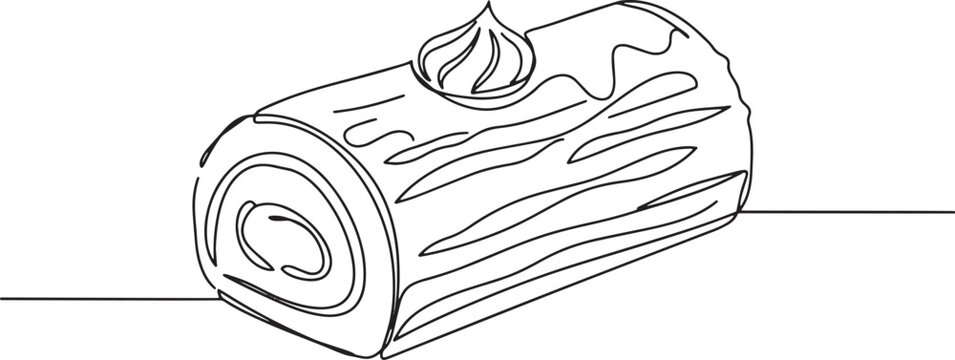 Elegant line art illustration of a yule log cake with chocolate