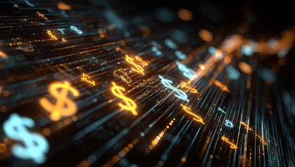 Abstract digital display of glowing symbols